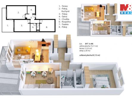 Půdorys byt 3.1. | Prodej bytu, 3+kk, 73 m²