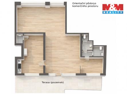 Půdorys komerčního prostoru s terasou a kuchyňkou.jpg | Prodej - obchodní prostor, 156 m²