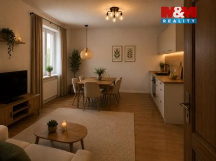 vizualizace kuchyně a obývací část | Prodej bytu, 2+kk, 40 m²