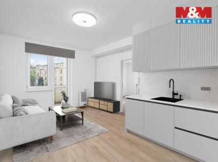 Obývací pokoj + KK - vizualizace | Prodej bytu, 1+1, 47 m²