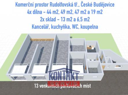 Půdorys komerce Rudolfovská | Pronájem - komerční objekt, výroba, 250 m²