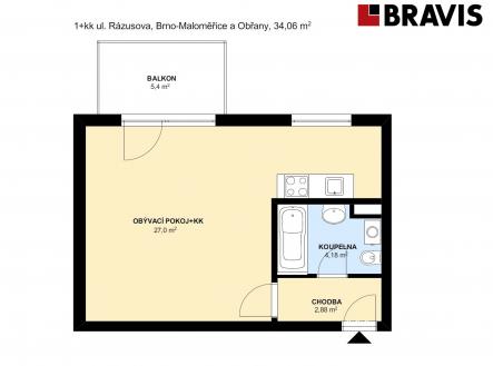 1+kk Rázusova 34,06m2 byt 3 | Pronájem bytu, 1+kk, 39 m²