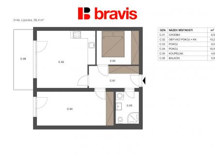 3+kk Lipůvka 56,4m2 byt 2-C | Prodej bytu, 3+kk, 56 m²
