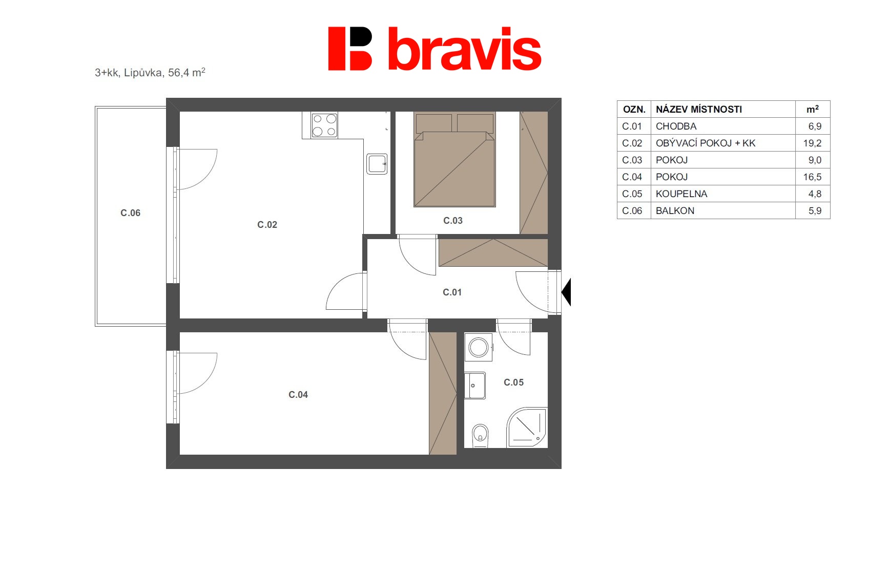 3+kk Lipůvka 56,4m2 byt 2-C
