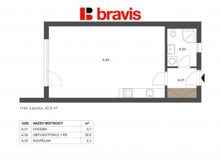 1+kk Lipůvka 40,8m2 byt 1.A | Prodej bytu, 1+kk, 40 m²