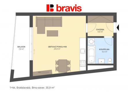 1+kk Bratislavská 35,9m2 | Pronájem bytu, 1+kk, 47 m²