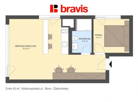 2+kk Královopolská 43m2 | Pronájem bytu, 2+kk, 43 m²