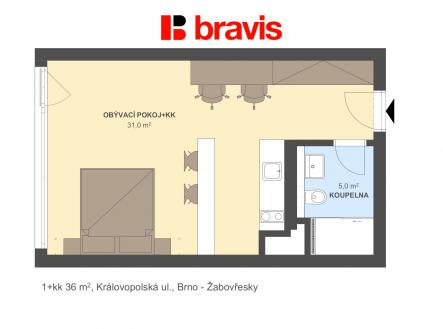 1+kk Královopolská 36m2 | Pronájem bytu, 1+kk, 35 m²