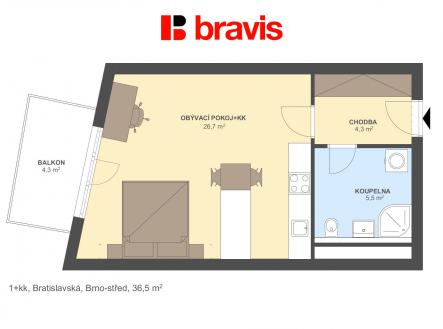1+kk Bratislavská 36,5m2 | Pronájem bytu, 1+kk, 36 m²
