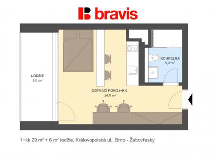 1+kk Královopolská 29m2 + 6m2 | Pronájem bytu, 1+kk, 35 m²