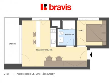 2+kk Královopolská 41 m2 + 7m2 | Pronájem bytu, 2+kk, 48 m²