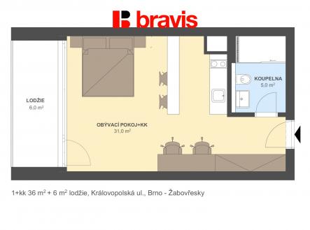 1+kk Královopolská 36m2 + 6m2 | Pronájem bytu, 1+kk, 42 m²
