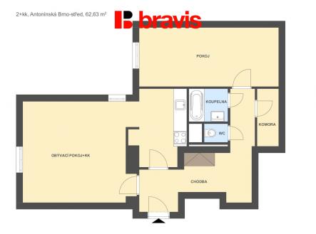 2+kk Antonínská 62,63m2 | Pronájem bytu, 2+kk, 65 m²