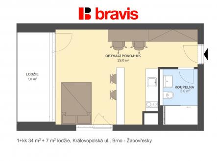 1+kk Královopolská 34m2 + 7m2 | Pronájem bytu, 1+kk, 41 m²