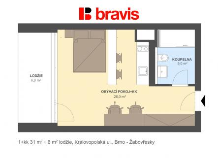 1+kk Královopolská 31m2 + 6m2 | Pronájem bytu, 1+kk, 35 m²