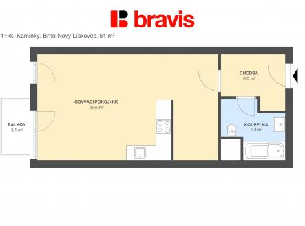1+kk Kamínky 51m2 | Pronájem bytu, 1+kk, 54 m²