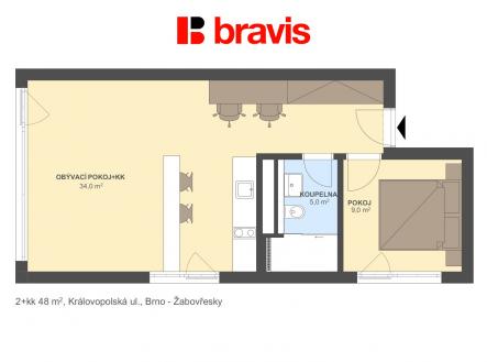 2+kk Královopolská 48m2 | Pronájem bytu, 2+kk, 48 m²