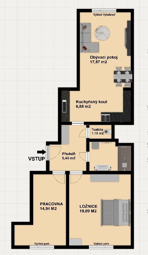 Pronájem  bytu 3+kk 73 m2, Smíchov