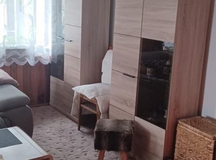 Obývací pokoj s kobercem a dřevěným nábytkem, velká okna zajišťují dostatek světla, interiér v klasickém stylu s útulnou atmosférou. | Prodej - dům/vila, 120 m²