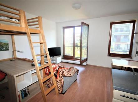 obývací pokoj s dřevěná podlaha, televize, a přirozené světlo | Pronájem bytu, 1+kk, 36 m²