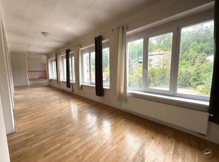 Prostorná chodba s parketovou podlahou, velkými okny a výhledem do zahrady | Pronájem - kanceláře, 183 m²