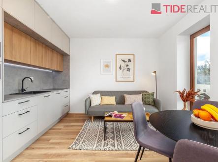 obývák-jídelna s přirozené světlo, dřevěná podlaha, a dřez | Prodej bytu, 2+kk, 43 m²