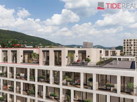 Dům s moderním designem a velkými okny. Střešní terasa nabízí krásné výhledy na krajinu. Stavba s elegantními liniemi a rostlinami na balkonech. | Prodej bytu, 4+kk, 147 m²