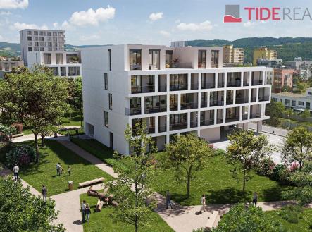 Moderní bytový komplex s velkými okny, obklopený upraveným parkem. Budova má světlou fasádu a nachází se v klidné rezidenční čtvrti. | Prodej bytu, 4+kk, 147 m²
