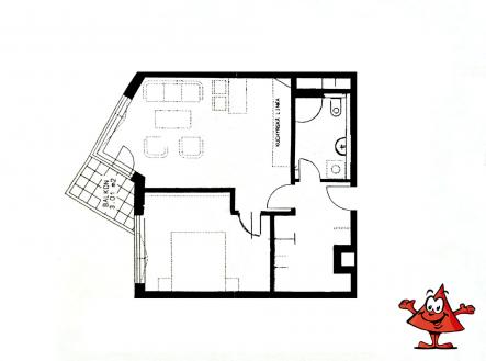 Pronájem bytu 2+kk Harfa Praha 9 - půdorys | Pronájem bytu, 2+kk, 49 m²