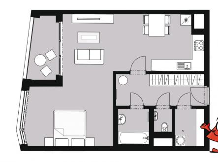 Pronájem bytu Praha 8 Karlín Breitfeldova - půdorys | Pronájem bytu, 2+kk, 61 m²