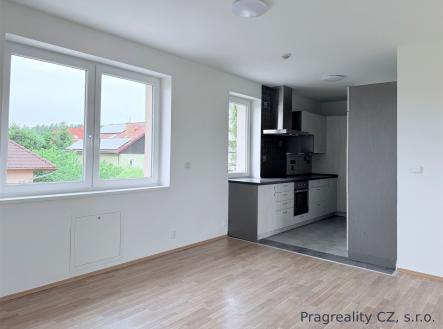 Světlý obývací pokoj s parketovou podlahou, moderní kuchyň s vestavěnými spotřebiči a velkými okny. | Pronájem bytu, 4+kk, 109 m²