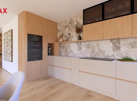 Vizualizace - Obývací pokoj 49,49 m2 - pohled od kuchyňské linky, resp. jídelny | Prodej bytu, atypický, 237 m²