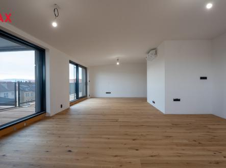 Obývací pokoj 49,49 m2 - pohled od kuchyňské linky, resp. jídelny | Prodej bytu, 4+kk, 237 m²