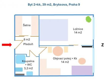 půdorys Bryksova.jpg | Pronájem bytu, 2+kk, 39,3 m²