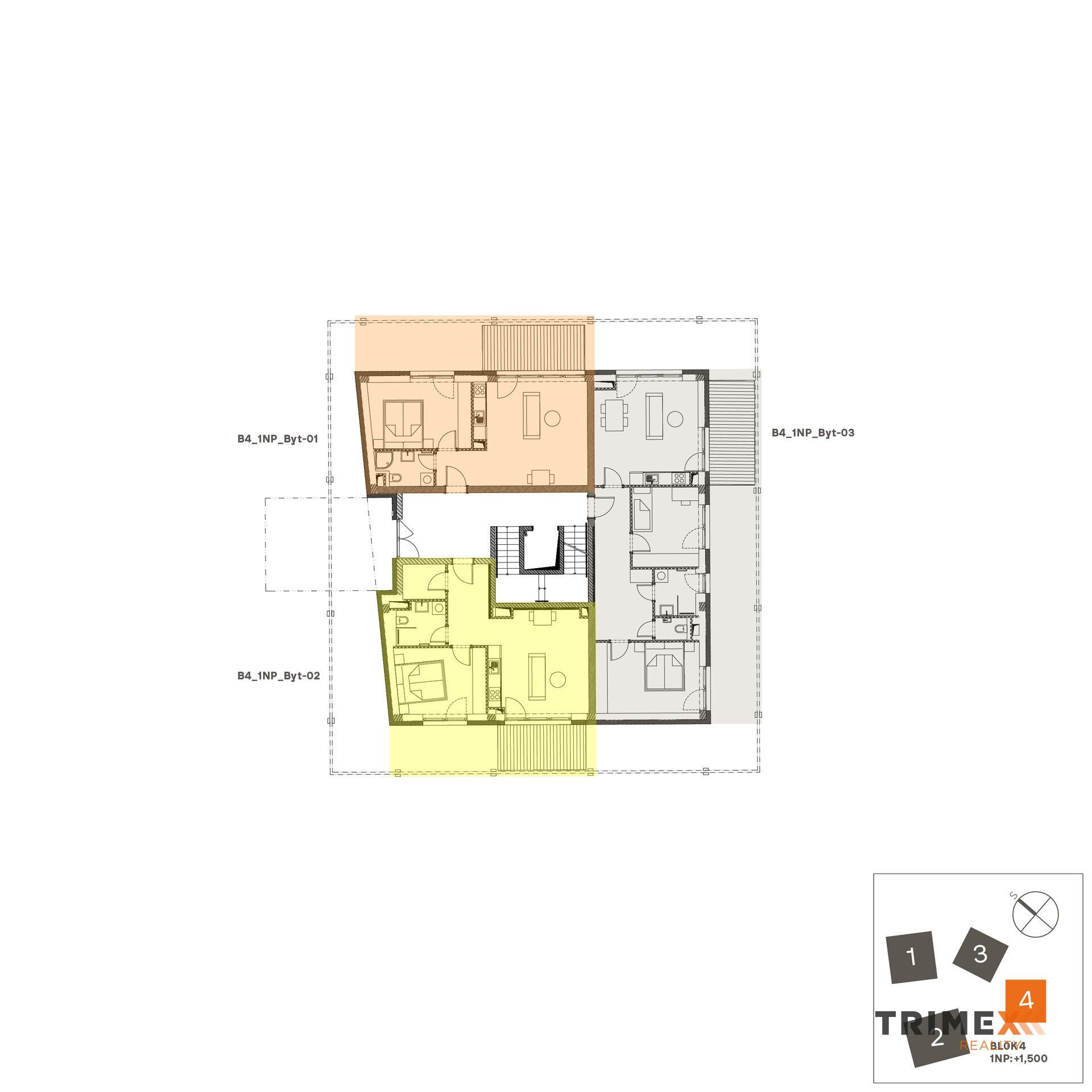 Rezidenci Štěpánov, Valašské Meziříčí, byt. jedn. 2+kk, 44,09 m2, terasa 9,48 m2, zahrada 52,4 m2