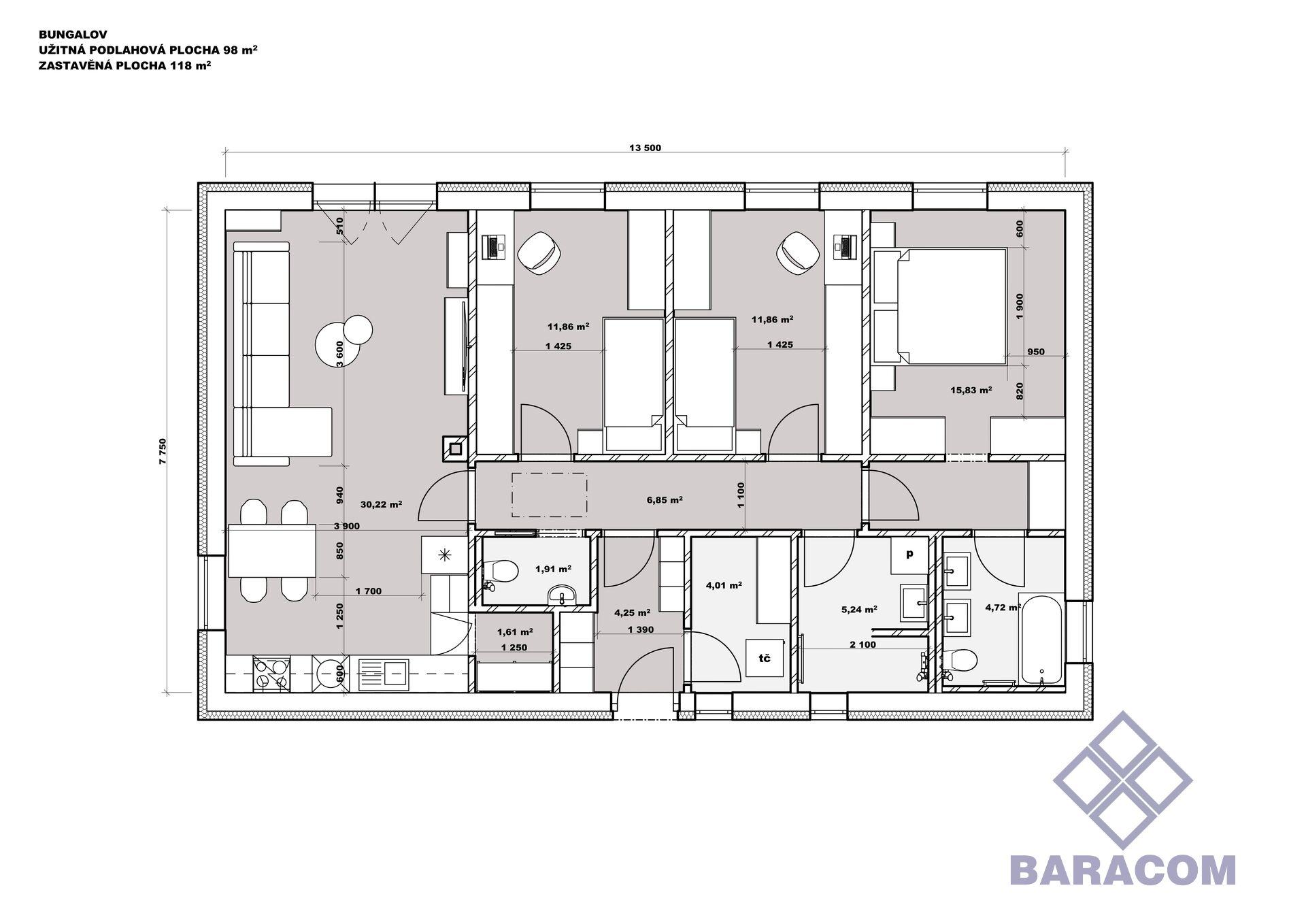 Prodej novostavby rodinného domu (bungalov) 4+kk, 98 m² – zahrada 480m²