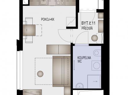 Plánek bytu s rozmístěním nábytku. | Prodej bytu, 1+kk, 31 m²