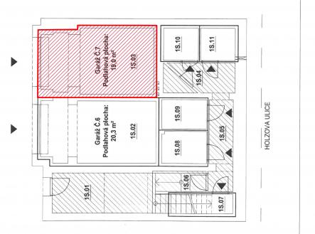 umístění garáže v prvním podzemním podlaží bytového domu Holzova 30 | Prodej - malý objekt/garáž