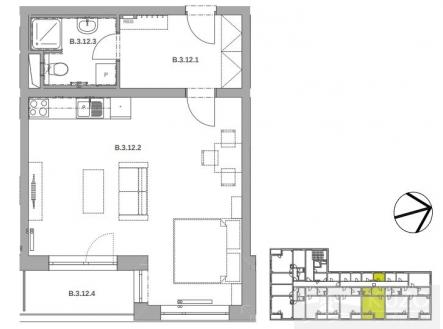 Půdorys | Pronájem bytu, 1+kk, 43 m²
