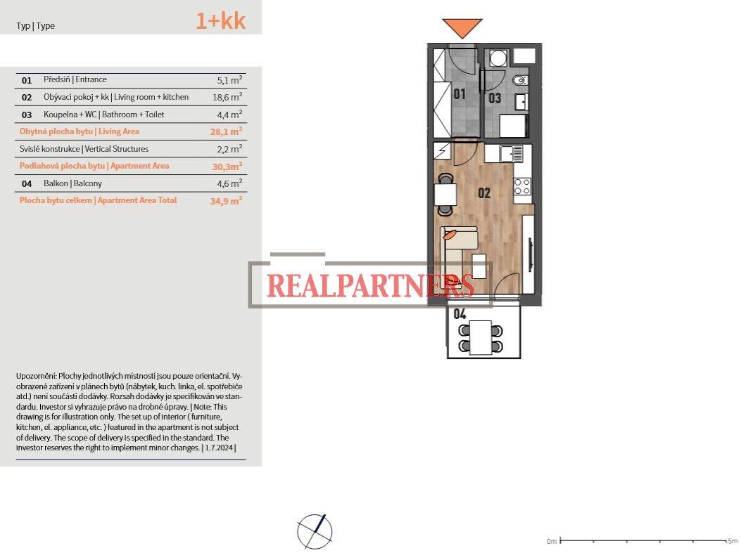 Novostavba bytu 1+kk o ploše 30,3m2 + 4,6m2 balkón ve výstavbě u Roztylského náměstí.