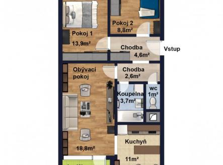 Plánek ve 2D.jpg | Pronájem bytu, 3+1, 68,9 m²