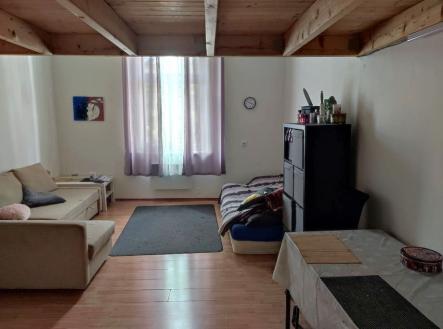 Obývací pokoj s parketovou podlahou, velkými okny a dřevěným stropem. Světlý prostor s moderním nábytkem v rekonstruovaném bytě. | Pronájem bytu, 1+kk, 26 m²