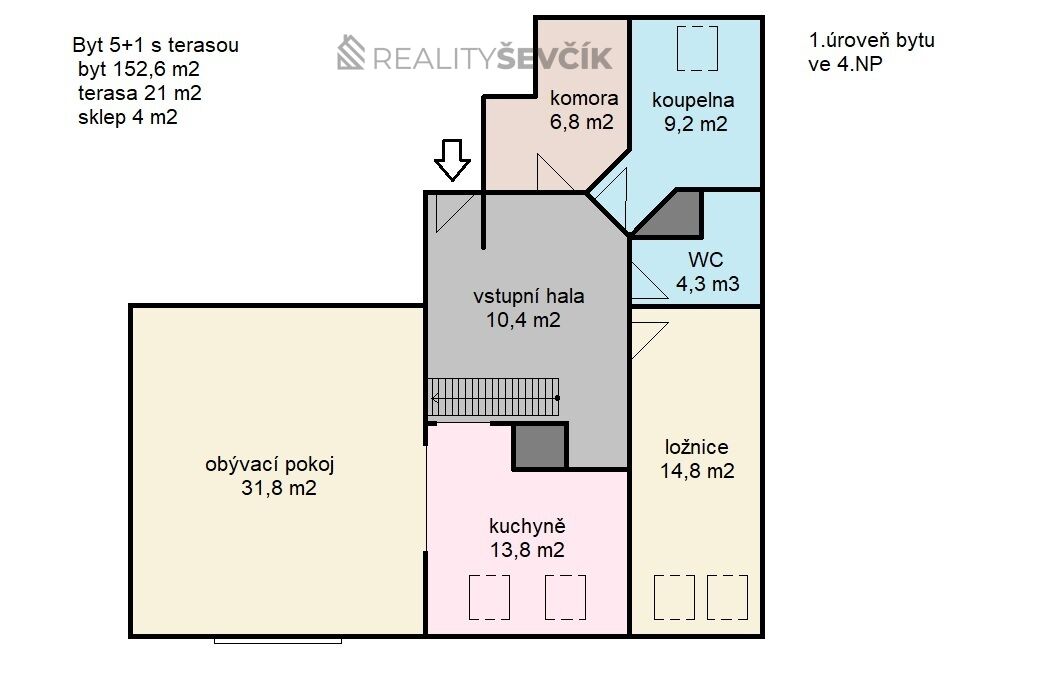 Prodej bytu 5+1 (mezonet)o výměře 152 m2 s terasou 21 m2 v ul. Komenského v Českých Budějovicích.