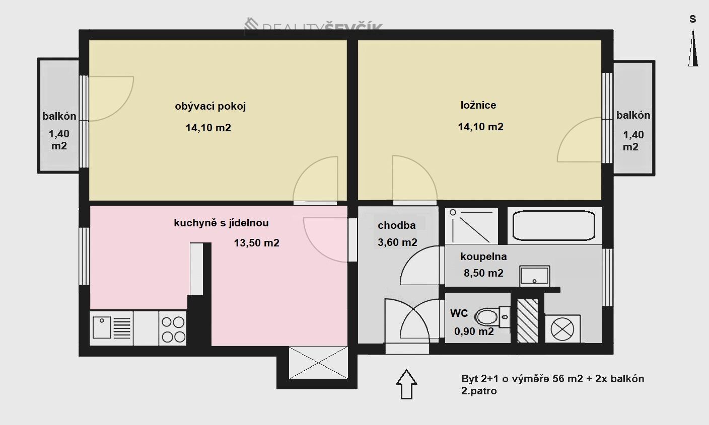 Prodej bytu 2+1 v osobním vlastnictví, 56 m2 po částečné rekonstrukci