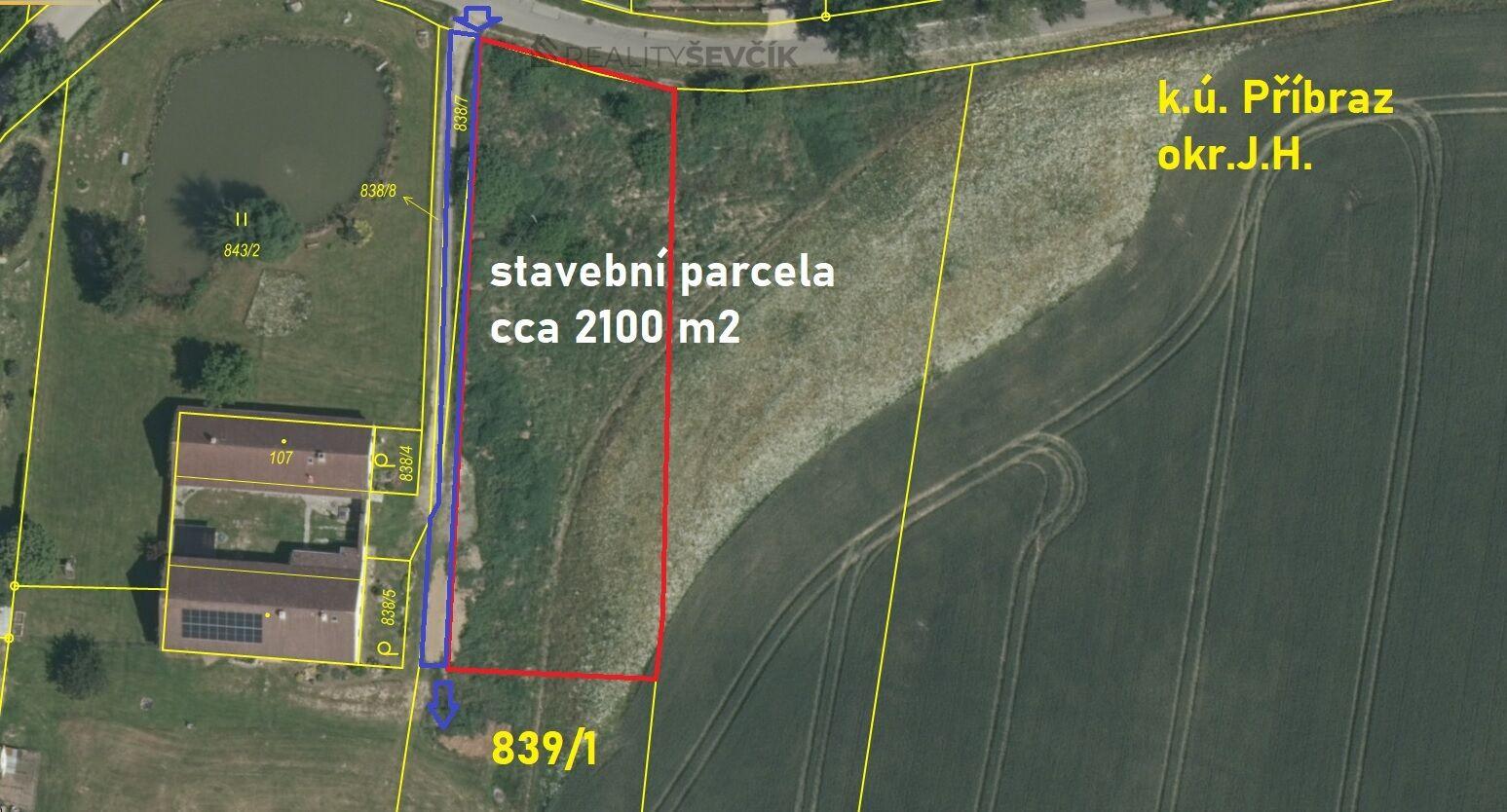 Prodej stavebního pozemku 2100 m2 v obci Příbraz, okres Jindřichův Hradec