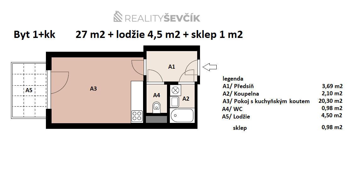Prodej družstevního bytu 1+kk s lodžií, Dlouhá 31, České Budějovice
