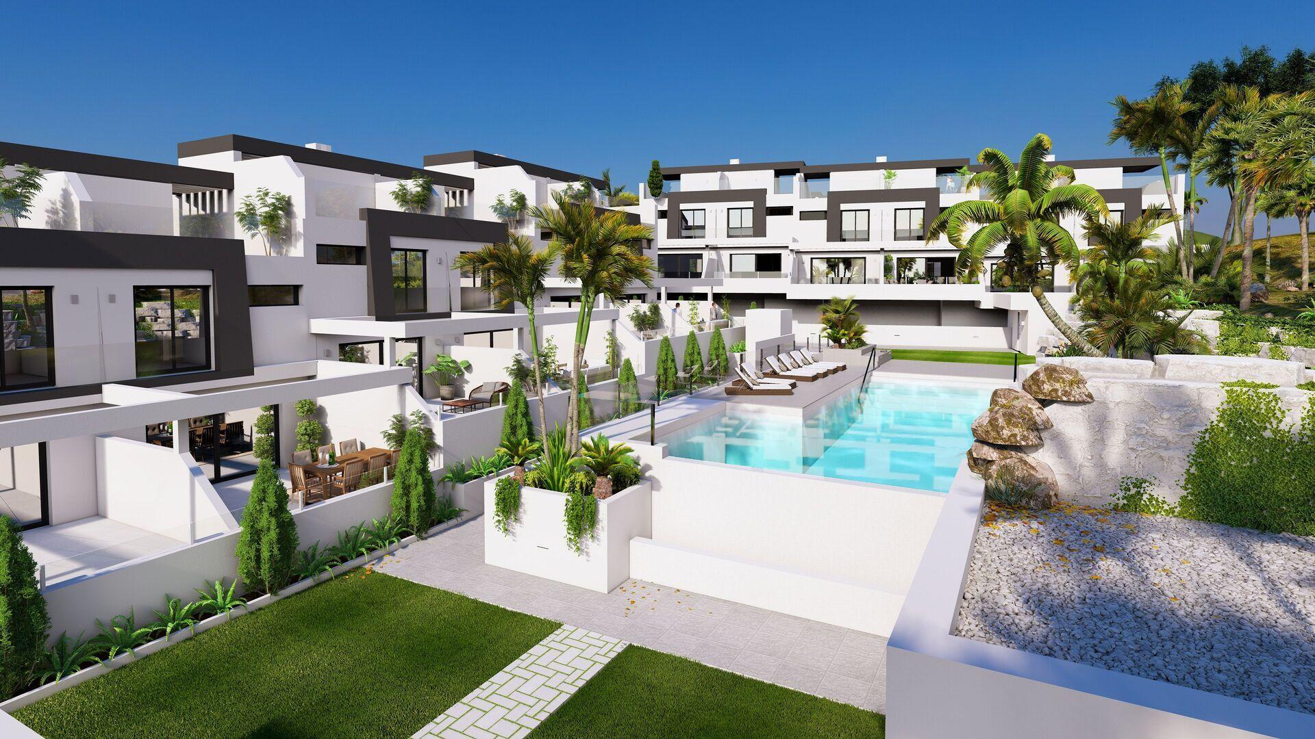 Moderní řadové domy 4+kk (3 ložnice), 140 – 150 m², zahrady, terasy a solária, pěší dostupnost pláže