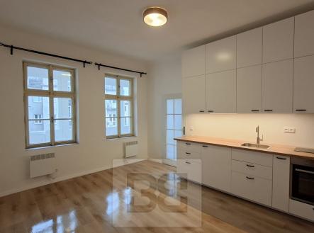 Obývací část - pohled na okna | Pronájem bytu, 1+kk, 25 m²