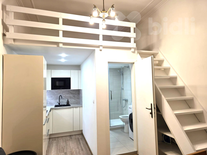 Pronájem zařízeného bytu 1+kk (18 m2) s patrem na spaní (6 m2), U nádražní lávky, Praha 8 - Karlín