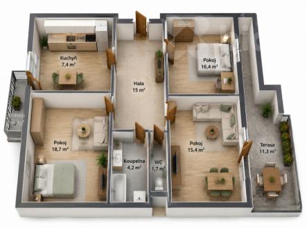 Pronájem zrekonstruovaného bytu 3+1 v centru Pardubic, 97m2 terasa, balkon, parkovací stání | Pronájem bytu, 3+1, 108 m²
